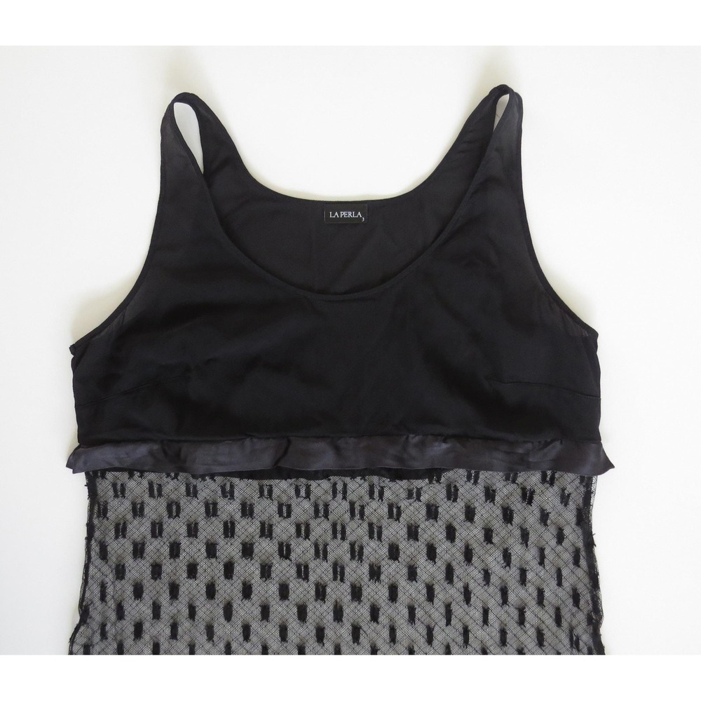 Vintage La Perla Silk & Tulle Polka Dot Black Chemise Italy